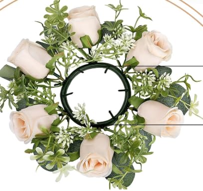 White Rose Candle Rings with Flameless Candles Sets - 12PCS Artificial Flower Eucalyptus Wedding Centerpiece 3 Inch Pillar Candleholders Wreaths for Wedding Party Decor (White - 6 Sets)