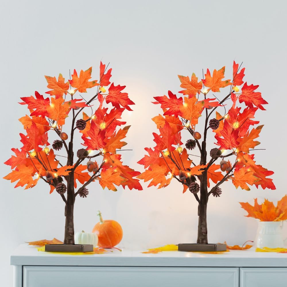 YEAHOME Fall Decorations for Home, 2 Pack 24”/2FT Lighted Fall Maple Leaves Tree with Warm White LEDs Autumn Decor, Pine Cone, Acorn Ornaments Battery Powered Timer for Thanksgiving