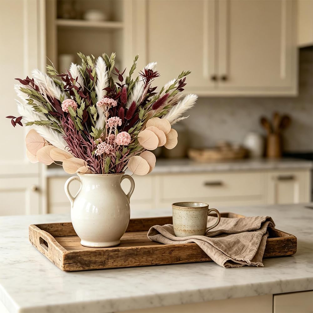 Blush Pink & Burgundy Dried Flower Bouquet, Cream Pampas Grass with Sage Green & Eucalyptus, Boho Dried Flowers for Wedding, Home Décor