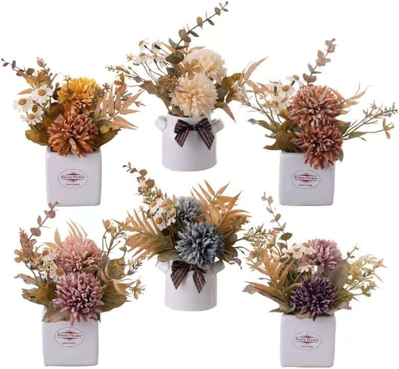 LUEUR 6PCS Artificial Fall Flowers with Ceramic Vase