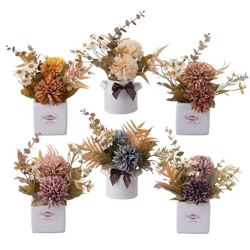 LUEUR 6PCS Artificial Fall Flowers with Ceramic Vase