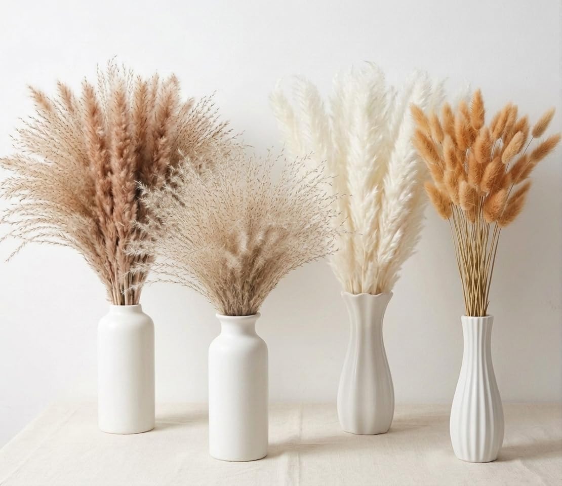 110 Stems 17" Dried Pampas Grass, Boho Table Decor Natural Reed Phragmites Grass + Brown & White Pampas Grass + Bunny Tails Flowers Bouquet for Wedding Floral Arrangements Farmhouse Home Rustic Wall
