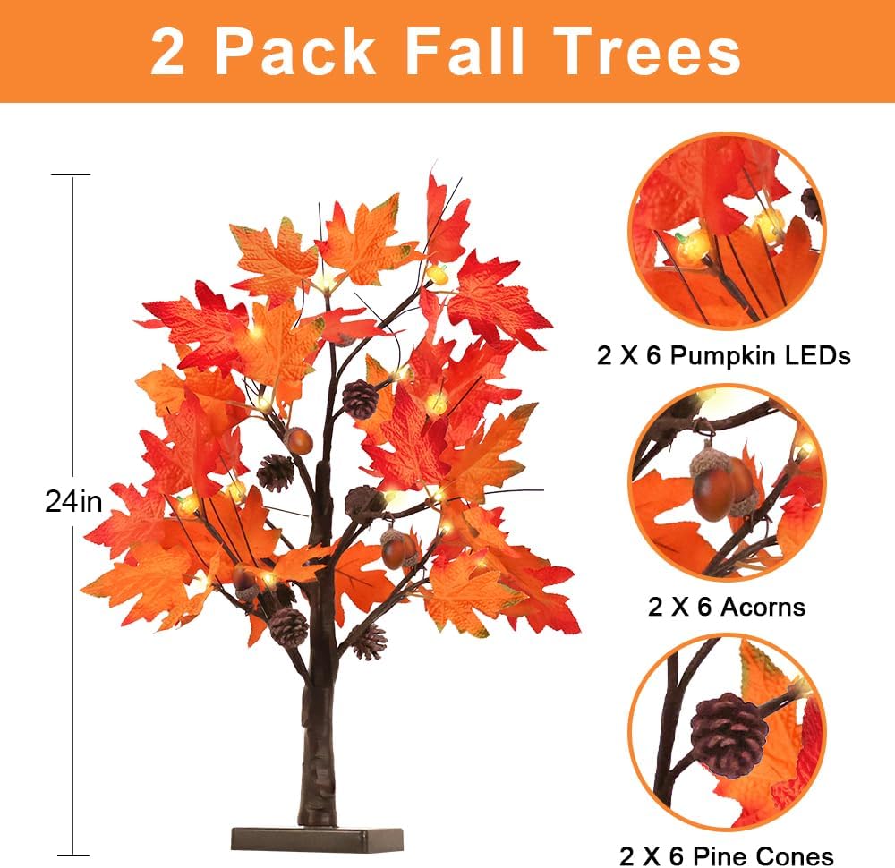 YEAHOME Fall Decorations for Home, 2 Pack 24”/2FT Lighted Fall Maple Leaves Tree with Warm White LEDs Autumn Decor, Pine Cone, Acorn Ornaments Battery Powered Timer for Thanksgiving