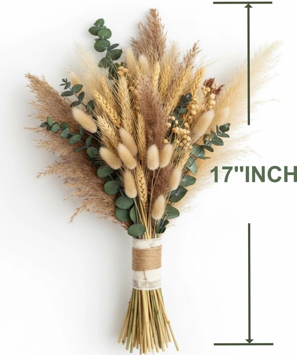 350PCS Dried Pampas Grass Bouquet Set – Dried Eucalyptus, Brown Pampas Grass & White Pampas Grass for Boho Baby Shower Decorations, Boho Wedding Decor, Pampas Grass Wall Decor, Home Decorations Modern
