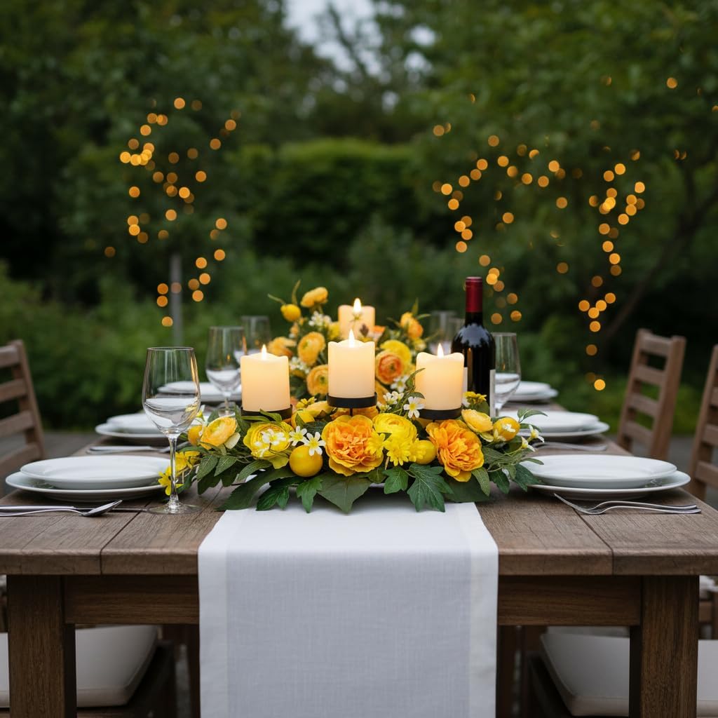 25 Inch Lemon Floral Centerpiece for Dining Table with 3 Candle Holders Spring Summer Table Centerpiece with Artificial Peony & Faux Lemon Flower Arrangement, Mantel Rustic Farmhouse Decor