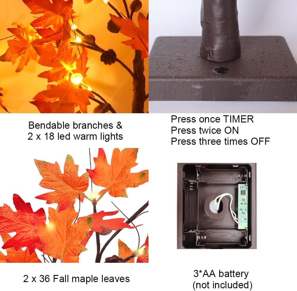 YEAHOME Fall Decorations for Home, 2 Pack 24”/2FT Lighted Fall Maple Leaves Tree with Warm White LEDs Autumn Decor, Pine Cone, Acorn Ornaments Battery Powered Timer for Thanksgiving