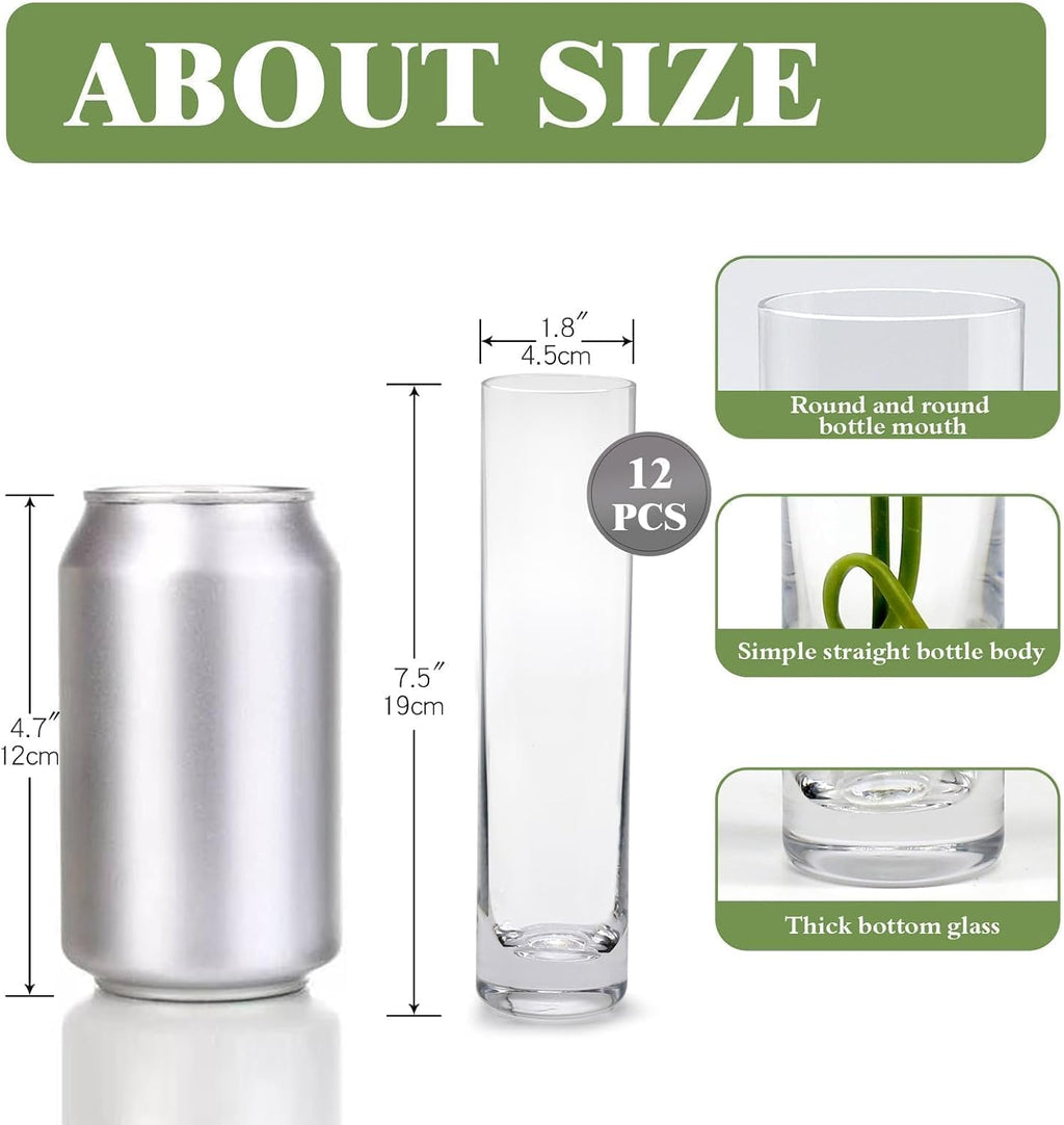 Glass Cylinder Bud Vases for Centerpieces, Set of 12 Clear Small vases,Handmade Slim Flower Vases Wedding Table Decor for Single Rose vases Bulk, Home Aesthetic Desk Decor, Party Decorations,7.5"