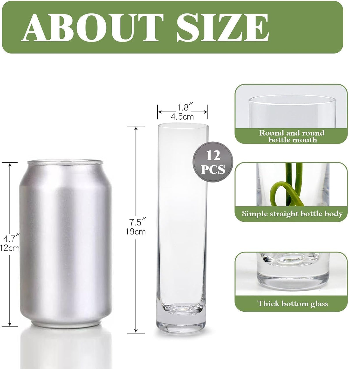 Glass Cylinder Bud Vases for Centerpieces, Set of 12 Clear Small vases,Handmade Slim Flower Vases Wedding Table Decor for Single Rose vases Bulk, Home Aesthetic Desk Decor, Party Decorations,7.5"