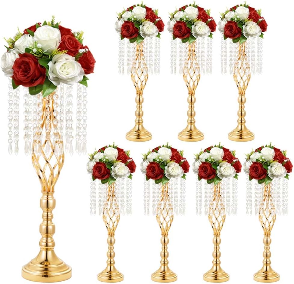 8 pcs 21.65 Inch Wedding Gold Flower Centerpieces Crystal Metal Flower Vase Wedding Centerpieces for Tables Decorations
