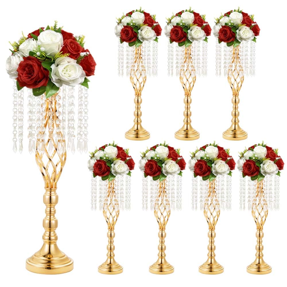 8 pcs 21.65 Inch Wedding Gold Flower Centerpieces Crystal Metal Flower Vase Wedding Centerpieces for Tables Decorations