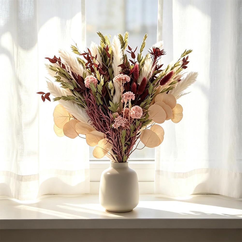 Blush Pink & Burgundy Dried Flower Bouquet, Cream Pampas Grass with Sage Green & Eucalyptus, Boho Dried Flowers for Wedding, Home Décor