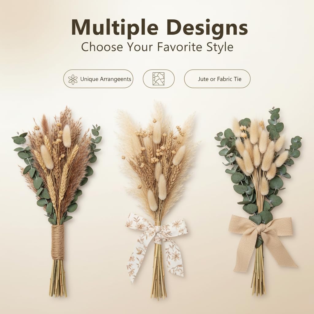 355PCS Dried Pampas Grass Bouquet Set – Dried Eucalyptus, Brown Pampas Grass & White Pampas Grass for Boho Baby Shower Decorations, Boho Wedding Decor, Pampas Grass Wall Decor, Home Decorations Modern