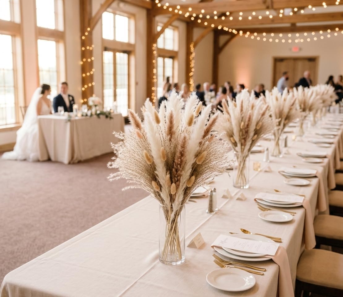 110 Stems 17" Dried Pampas Grass, Boho Table Decor Natural Reed Phragmites Grass + Brown & White Pampas Grass + Bunny Tails Flowers Bouquet for Wedding Floral Arrangements Farmhouse Home Rustic Wall