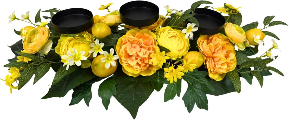 25 Inch Lemon Floral Centerpiece for Dining Table with 3 Candle Holders Spring Summer Table Centerpiece with Artificial Peony & Faux Lemon Flower Arrangement, Mantel Rustic Farmhouse Decor