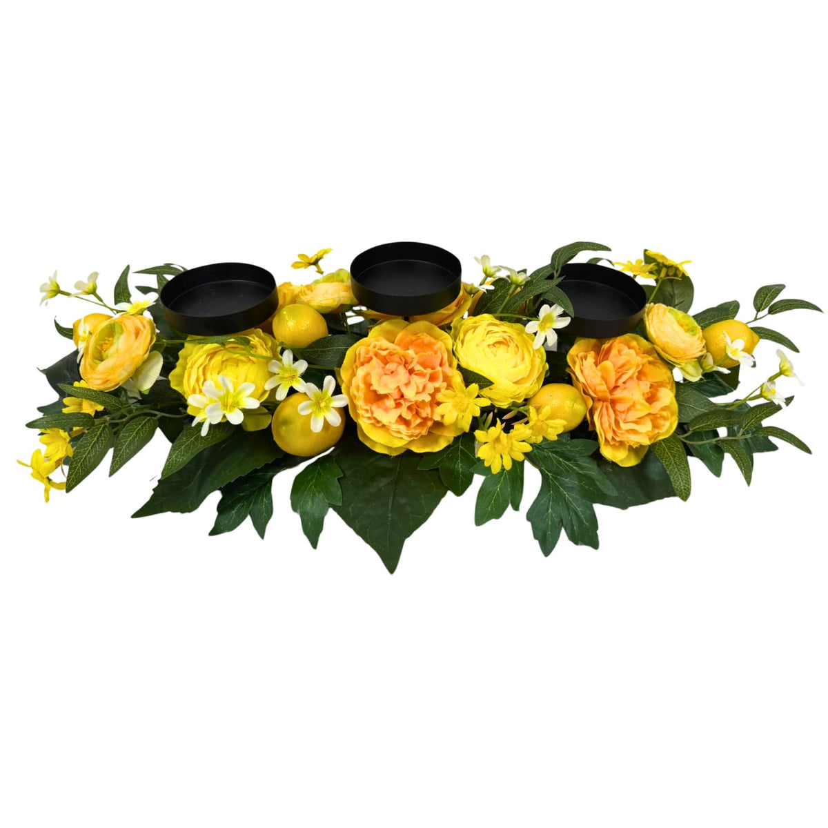 25 Inch Lemon Floral Centerpiece for Dining Table with 3 Candle Holders Spring Summer Table Centerpiece with Artificial Peony & Faux Lemon Flower Arrangement, Mantel Rustic Farmhouse Decor