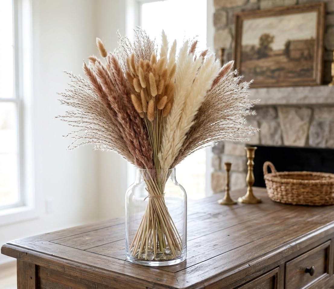 110 Stems 17" Dried Pampas Grass, Boho Table Decor Natural Reed Phragmites Grass + Brown & White Pampas Grass + Bunny Tails Flowers Bouquet for Wedding Floral Arrangements Farmhouse Home Rustic Wall