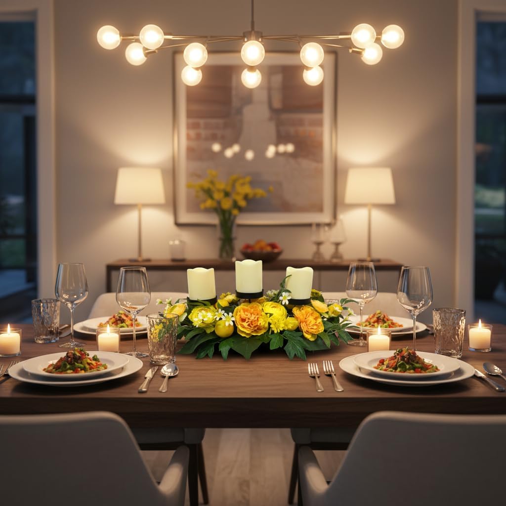 25 Inch Lemon Floral Centerpiece for Dining Table with 3 Candle Holders Spring Summer Table Centerpiece with Artificial Peony & Faux Lemon Flower Arrangement, Mantel Rustic Farmhouse Decor