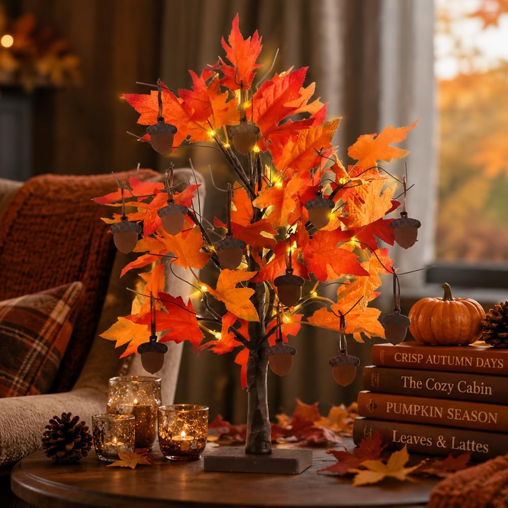 YEAHOME Fall Decorations for Home, Thanksgiving Decorations, 24”/2FT Lighted Fall Maple Leaves Tree with 24 LEDs for Autumn Decor, 12 Wood Acorns Ornaments Battery Powered Timer for Table Indoor