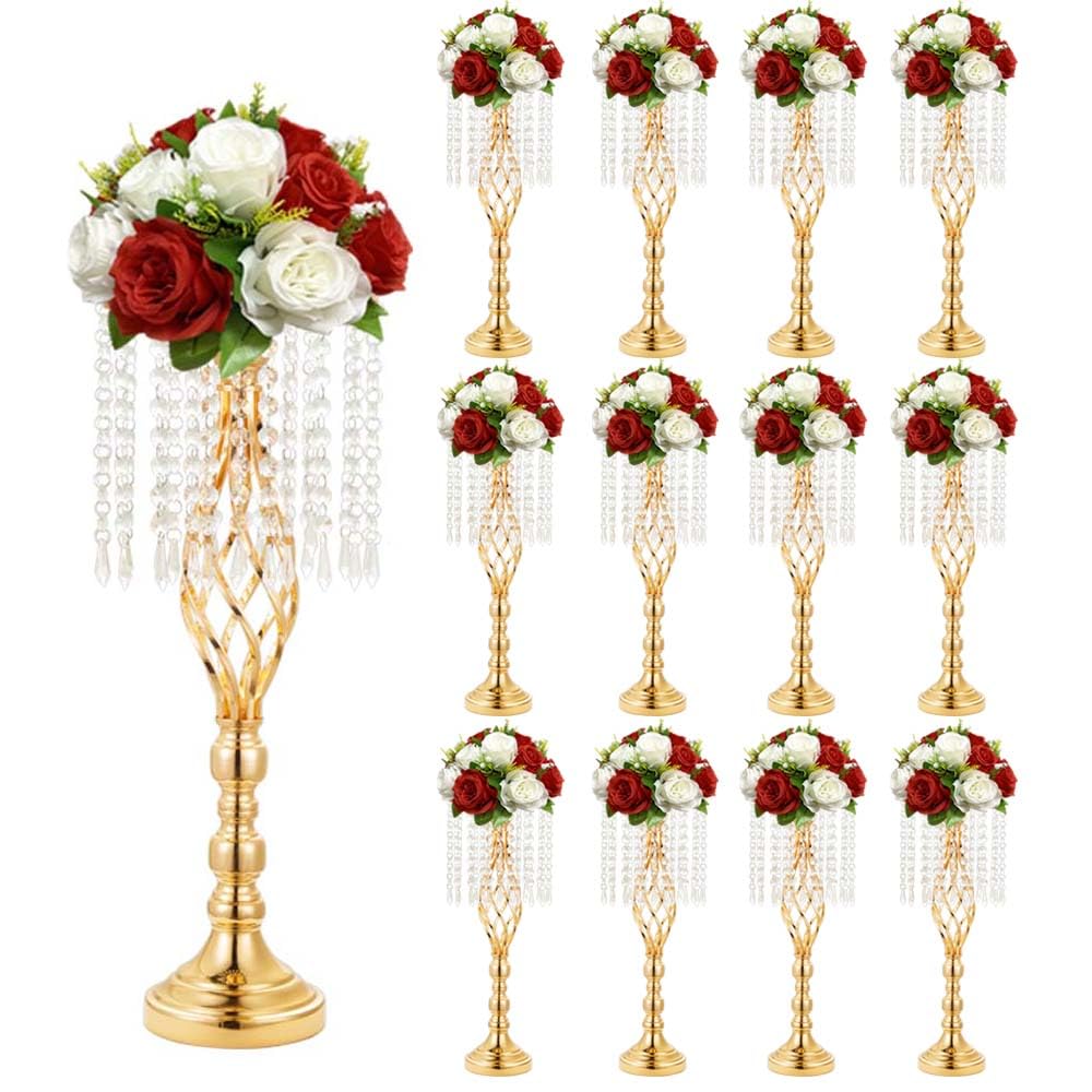 8 pcs 21.65 Inch Wedding Gold Flower Centerpieces Crystal Metal Flower Vase Wedding Centerpieces for Tables Decorations