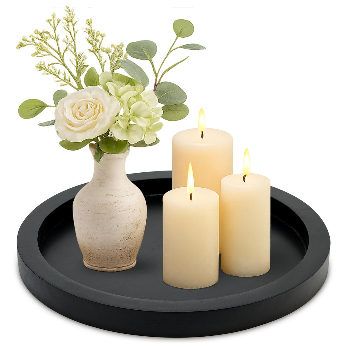 Black Round Wood Decorative Tray for Coffee Dining Table Centerpiece Decor