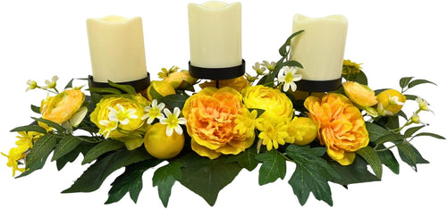 25 Inch Lemon Floral Centerpiece for Dining Table with 3 Candle Holders Spring Summer Table Centerpiece with Artificial Peony & Faux Lemon Flower Arrangement, Mantel Rustic Farmhouse Decor