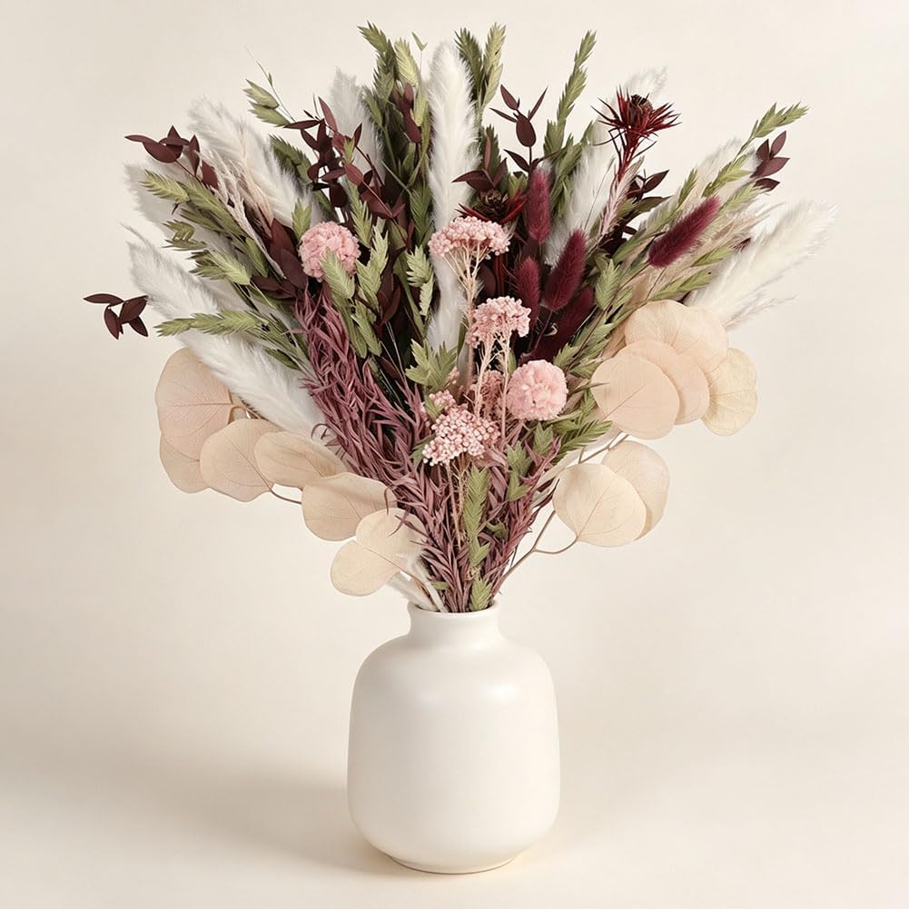 Blush Pink & Burgundy Dried Flower Bouquet, Cream Pampas Grass with Sage Green & Eucalyptus, Boho Dried Flowers for Wedding, Home Décor