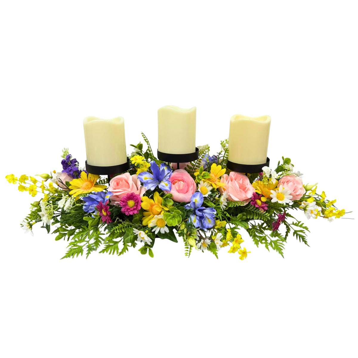 25 Inch Lemon Floral Centerpiece for Dining Table with 3 Candle Holders Spring Summer Table Centerpiece with Artificial Peony & Faux Lemon Flower Arrangement, Mantel Rustic Farmhouse Decor
