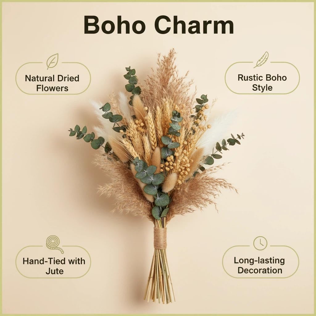 355PCS Dried Pampas Grass Bouquet Set – Dried Eucalyptus, Brown Pampas Grass & White Pampas Grass for Boho Baby Shower Decorations, Boho Wedding Decor, Pampas Grass Wall Decor, Home Decorations Modern
