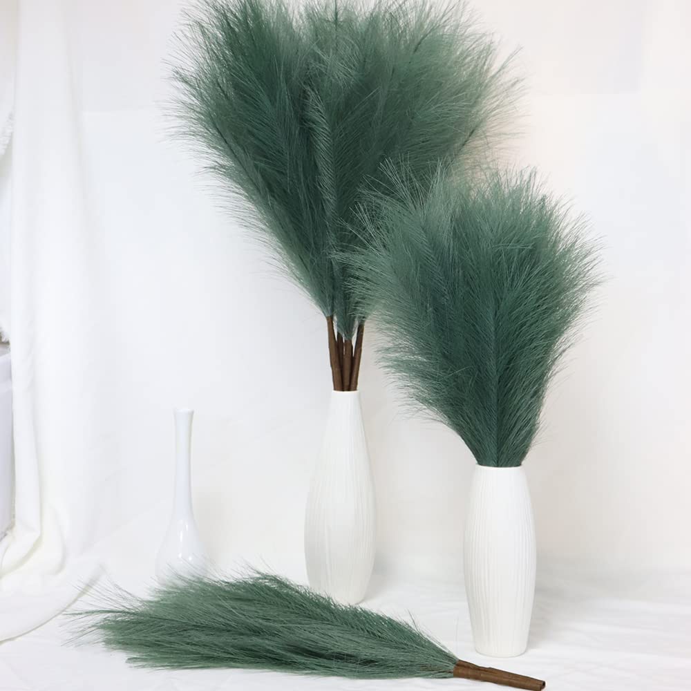 MAKHOT 5 PCS 30" Dark Green Pampas Grass Tall Fluffy, Detachable Faux Bulrush Reed Green Grass for Tall Vase Filler, Artificial Pampas Small Home Vase Decor