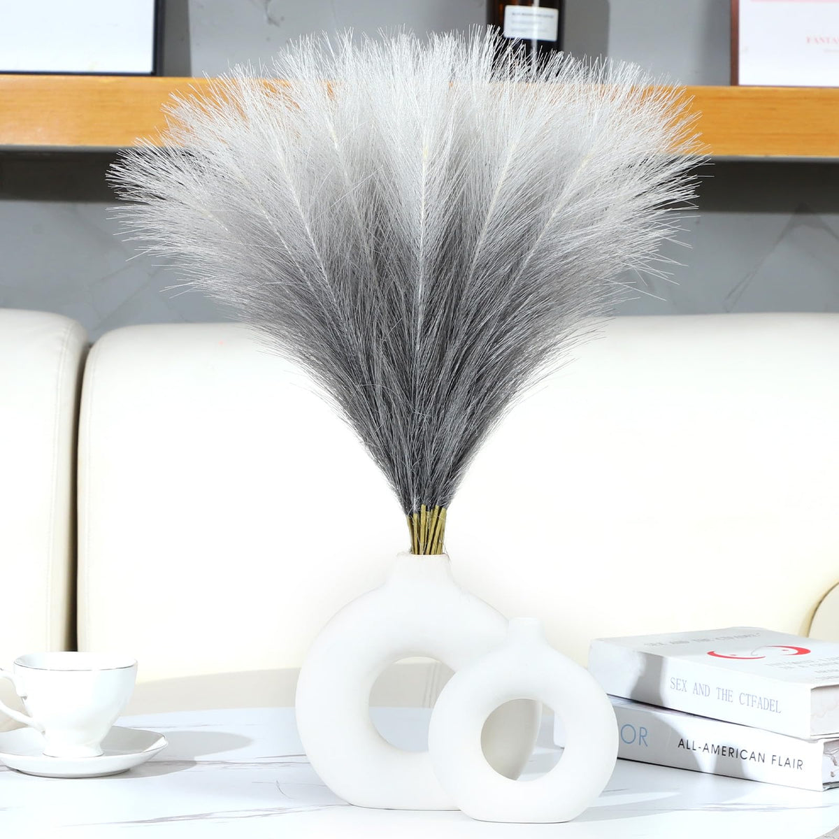 UREYMX Faux Pampas Grass Decor 17.7 Inch 30pcs, Artificial Pampas Grass Fluffy Home Decor, Short Vase Room Decor pompous Grass Flower Arrangement for Boho Home Wedding Decoration (Black,White,Grey)