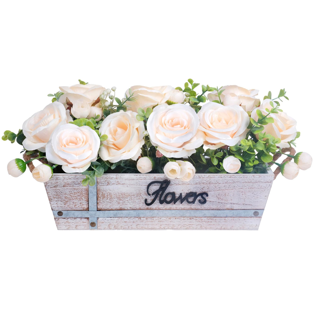Centerpiece Table Decorations Rustic Wood Tray with 3 Artificial Champagne Rose Flowers and Fake Eucalyptus for Dining Room Farmhouse Living Room Kitchen and Coffee Table Décor