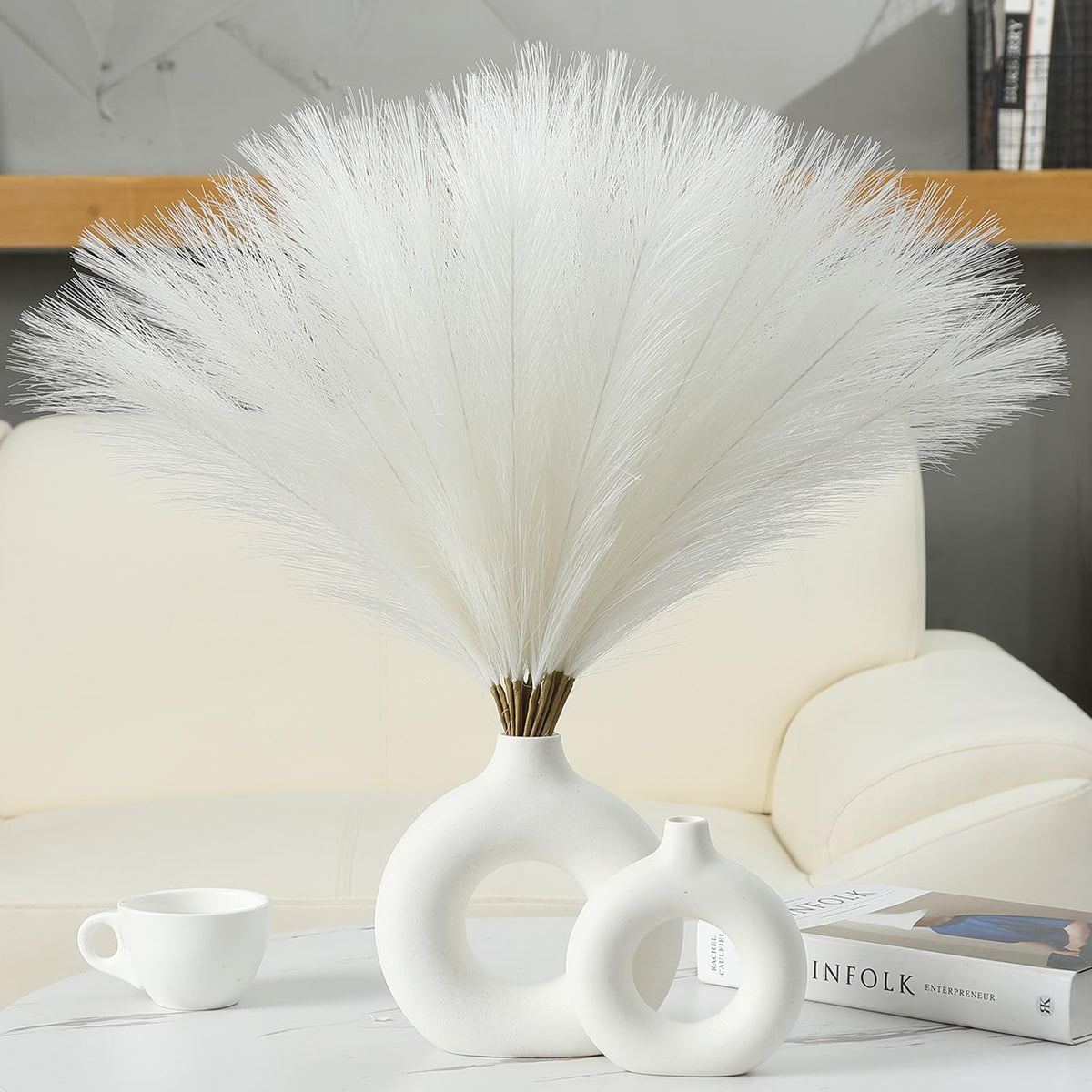 UREYMX Faux Pampas Grass Decor 17.7 Inch 30pcs, Artificial Pampas Grass Fluffy Home Decor, Short Vase Room Decor pompous Grass Flower Arrangement for Boho Home Wedding Decoration (Black,White,Grey)