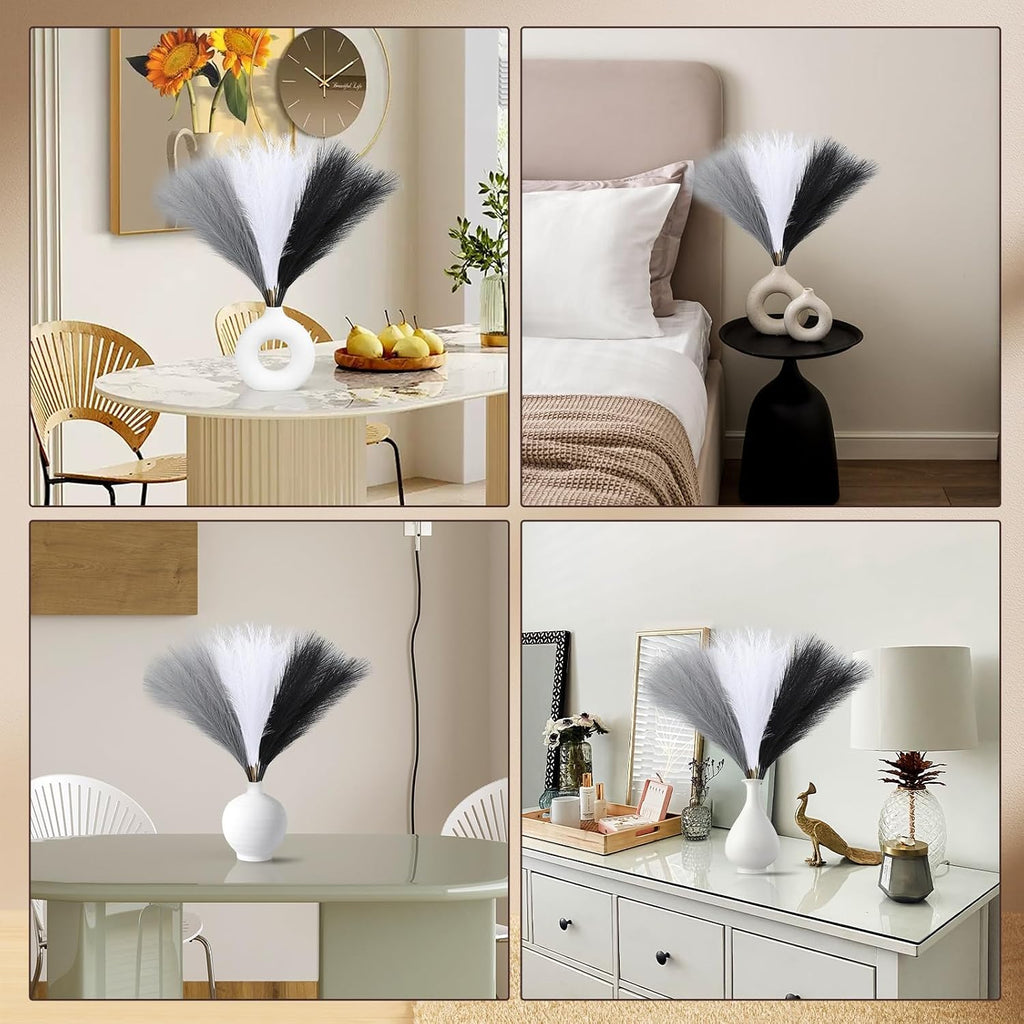 UREYMX Faux Pampas Grass Decor 17.7 Inch 30pcs, Artificial Pampas Grass Fluffy Home Decor, Short Vase Room Decor pompous Grass Flower Arrangement for Boho Home Wedding Decoration (Black,White,Grey)