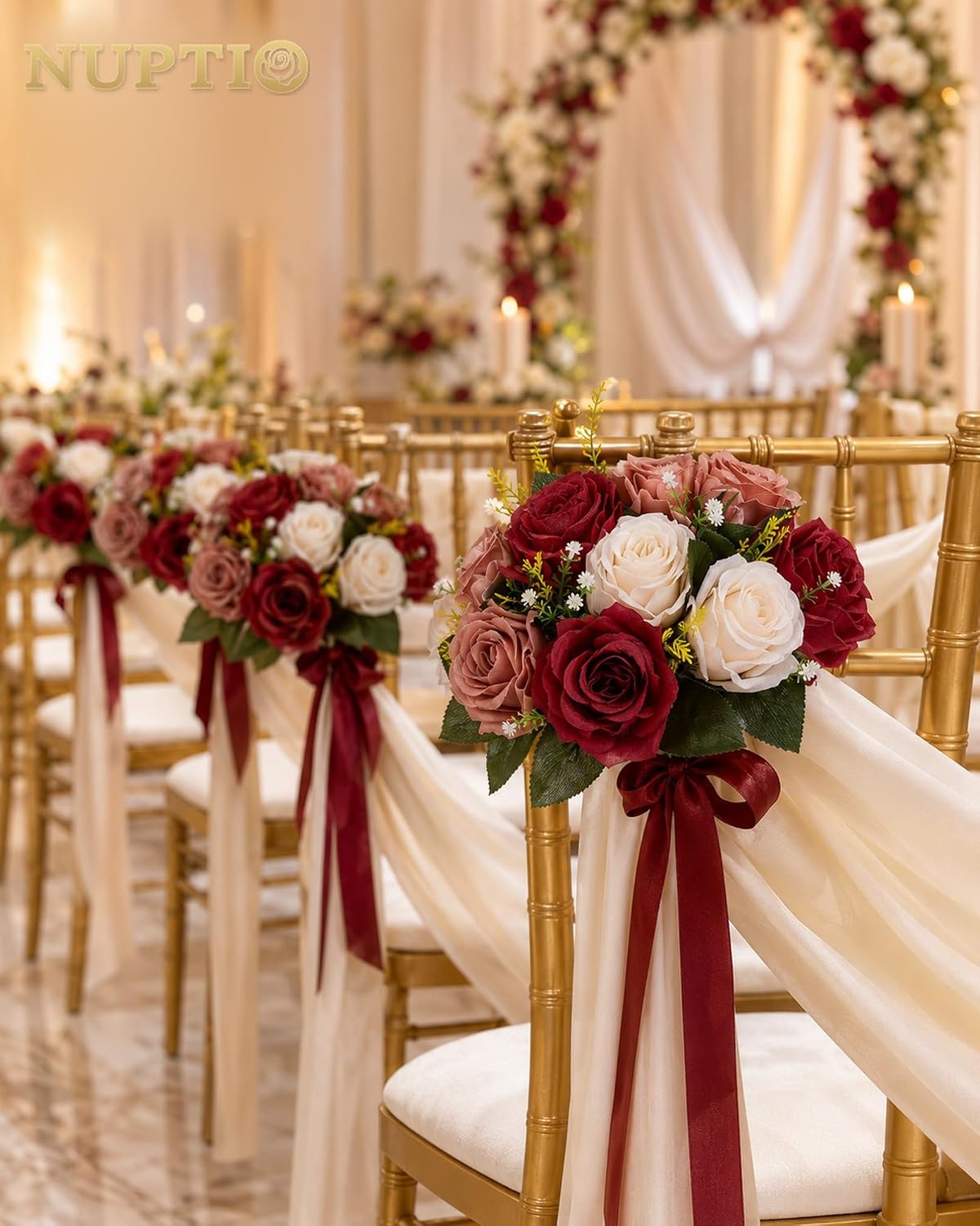 Nuptio Artificial Flower Centrepieces for Tables - 6 Pcs Burgundy & Dusty Rose & Creamy White Fake Flowers Roses Balls 9.5in Diam - Silk Faux Rose Arrangement for Wedding Party Centerpiece Table Decor