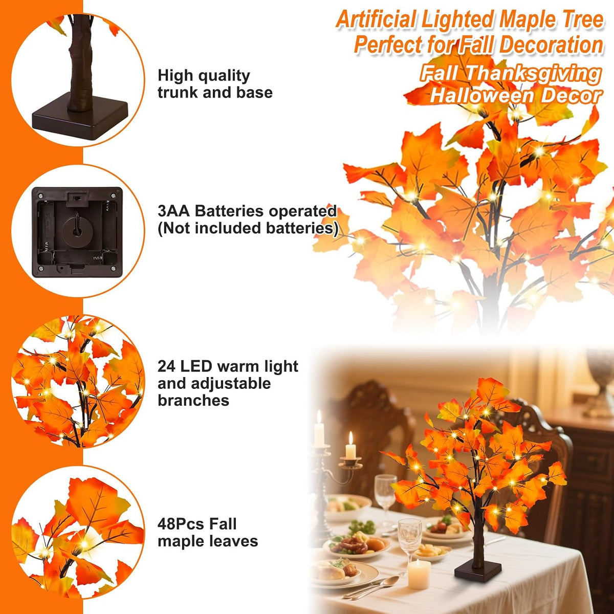 Artificial Fall Lighted Maple Tree 24 LED Thanksgiving Decorations Table Lights Battery Operated for Wedding Party Gifts Indoor Outdoor Autumn Harvest Home Decor