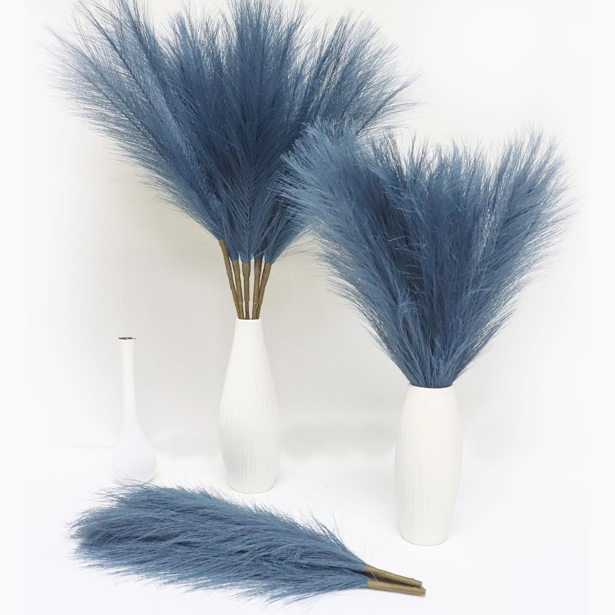 MAKHOT 5 PCS 30" Dark Green Pampas Grass Tall Fluffy, Detachable Faux Bulrush Reed Green Grass for Tall Vase Filler, Artificial Pampas Small Home Vase Decor