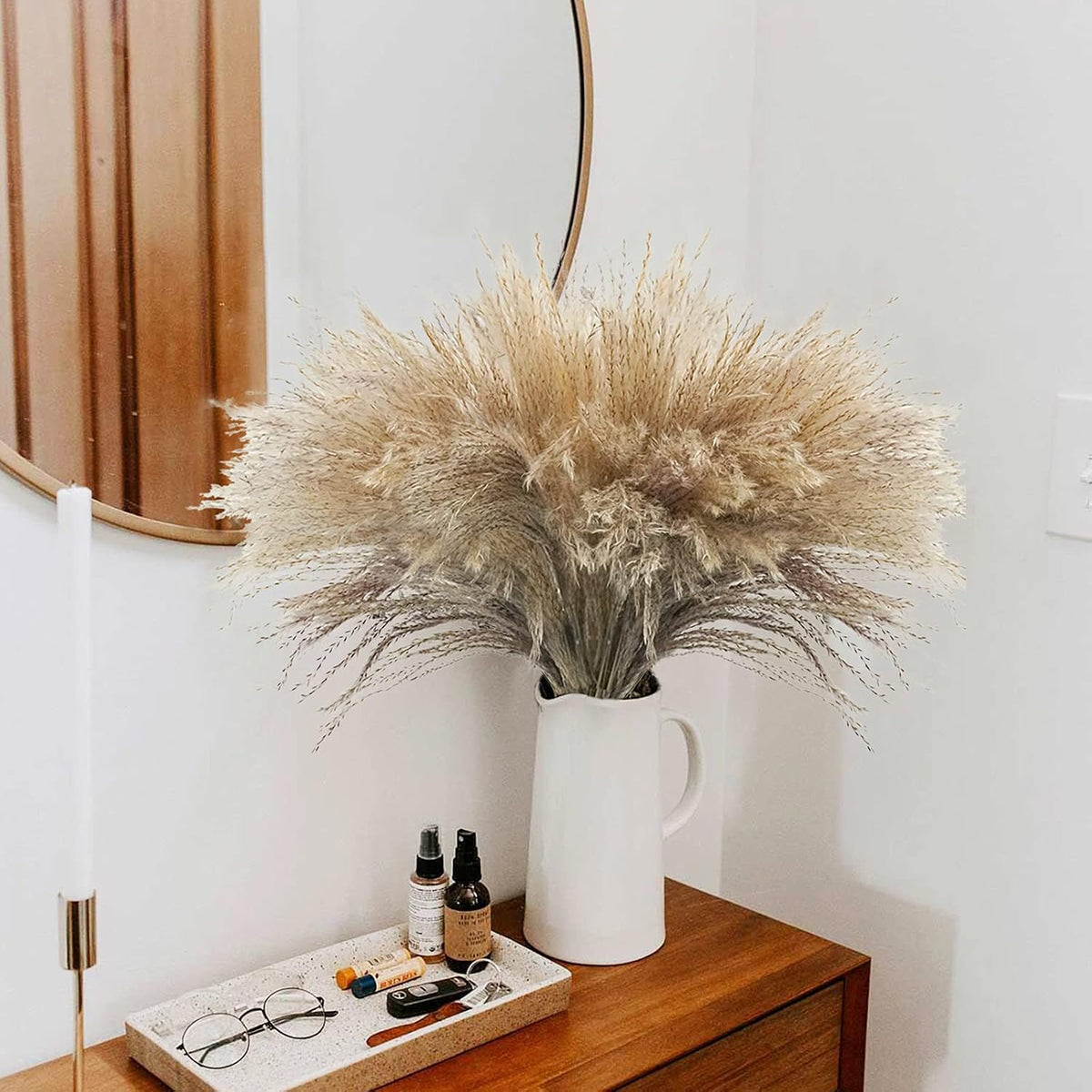 Uieke 100Pcs Natural Dried Pampas Grass Plume 17inch Tall Dried Flowers Large Faux Reed Artificial Plants for Wedding Flower Arrangements Farmhouse Wreath Door Centerpiece Home Décor Brown
