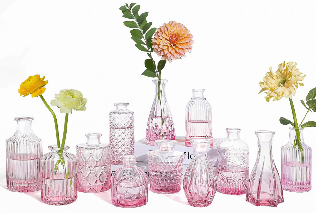 UPBUD Amber Gold Glass Bud Vases Set of 12, Small Vases for Flowers