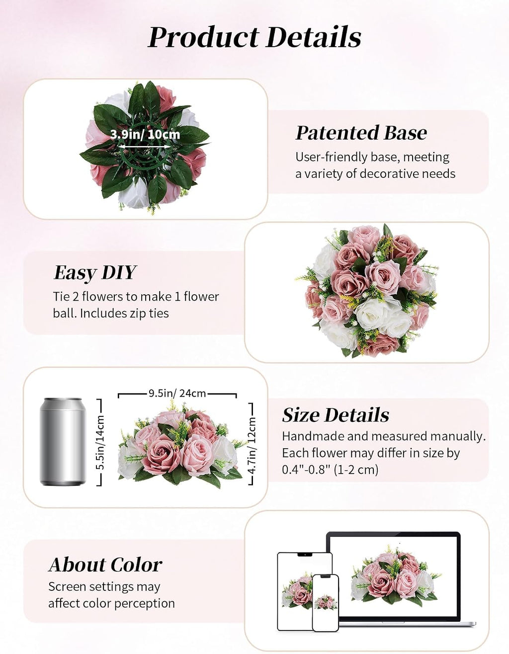 BLOSMON Dusty Pink Flower Centerpieces for Wedding: 10 Pcs, Faux Roses