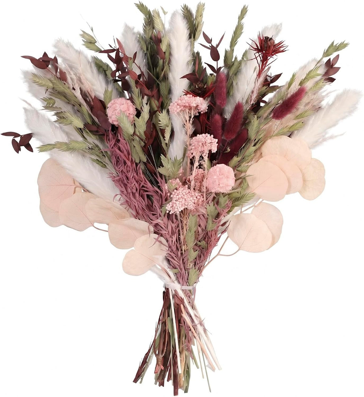 Blush Pink & Burgundy Dried Flower Bouquet, Cream Pampas Grass with Sage Green & Eucalyptus, Boho Dried Flowers for Wedding, Home Décor