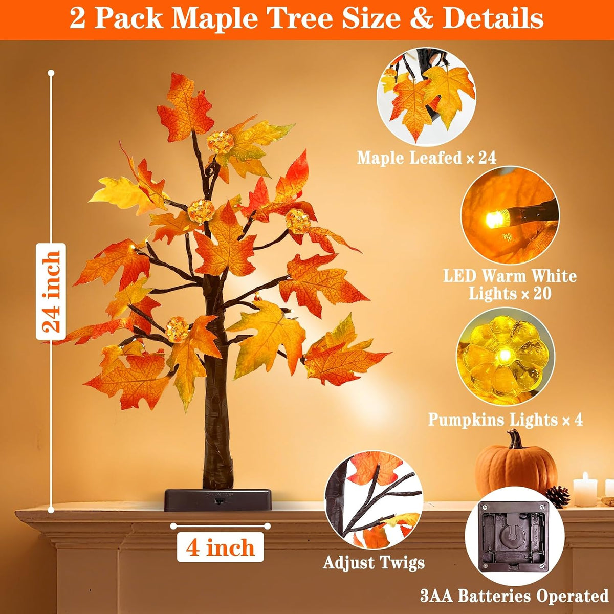 TURNMEON Fall Decor 2 Pack 24 Inch Prelit Fall Maple Tree 48 LEDs Timer