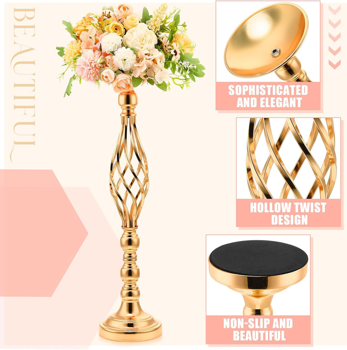 Rtteri 20 Pcs 22.8 Inch High Metal Flower Stand, Wedding Gold Centerpieces for Table, Floral Stand Elegant Vase Holder for Reception Table Decor Party Hotel Home Decor (Gold, Large)