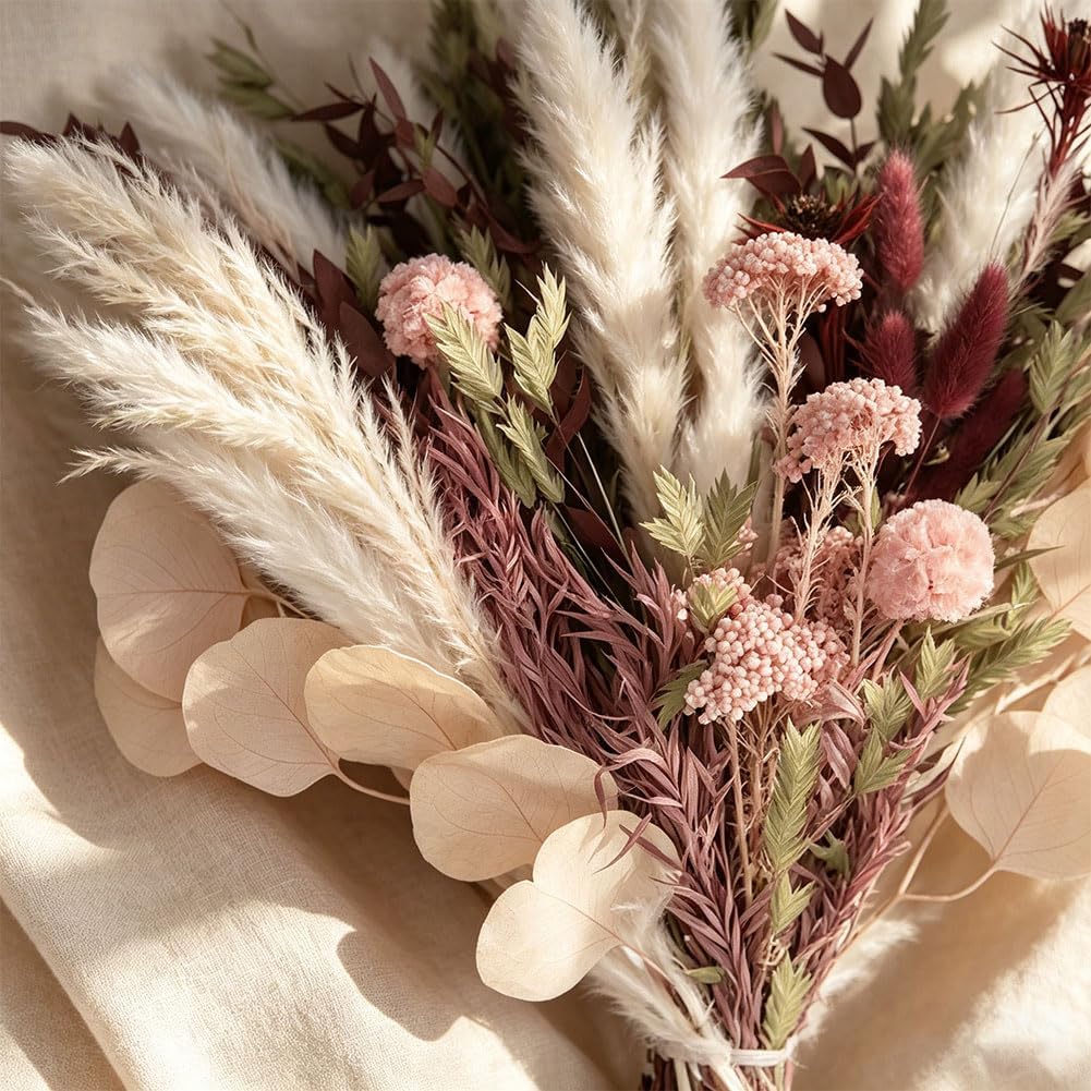 Blush Pink & Burgundy Dried Flower Bouquet, Cream Pampas Grass with Sage Green & Eucalyptus, Boho Dried Flowers for Wedding, Home Décor