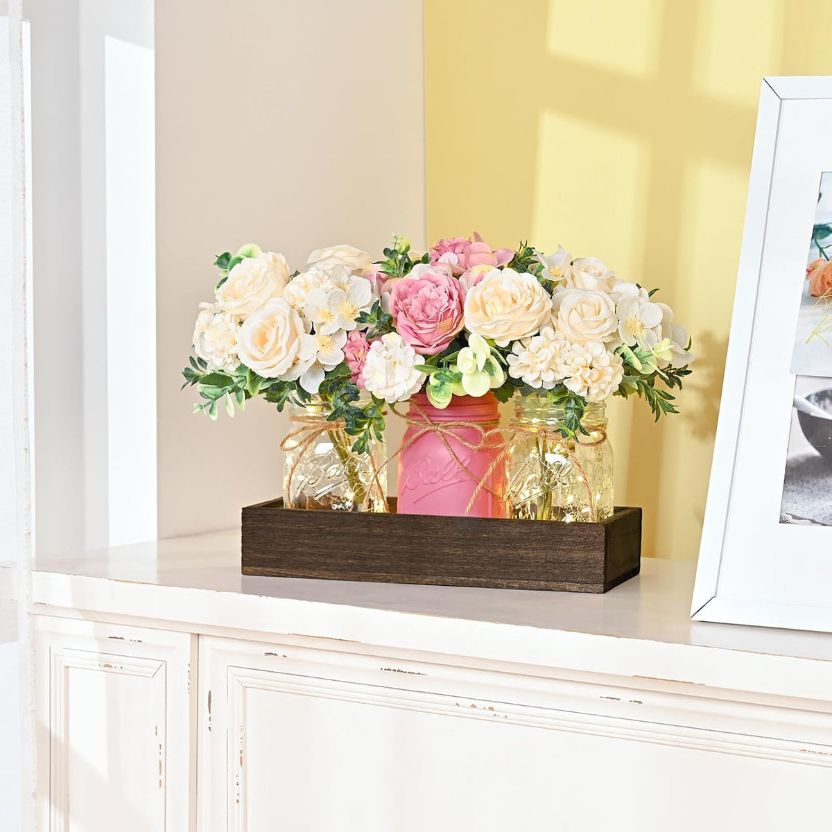 BLEUM CADE 3Pcs Mason Jar with Artificial Roses Flowers Wood Tray and Light