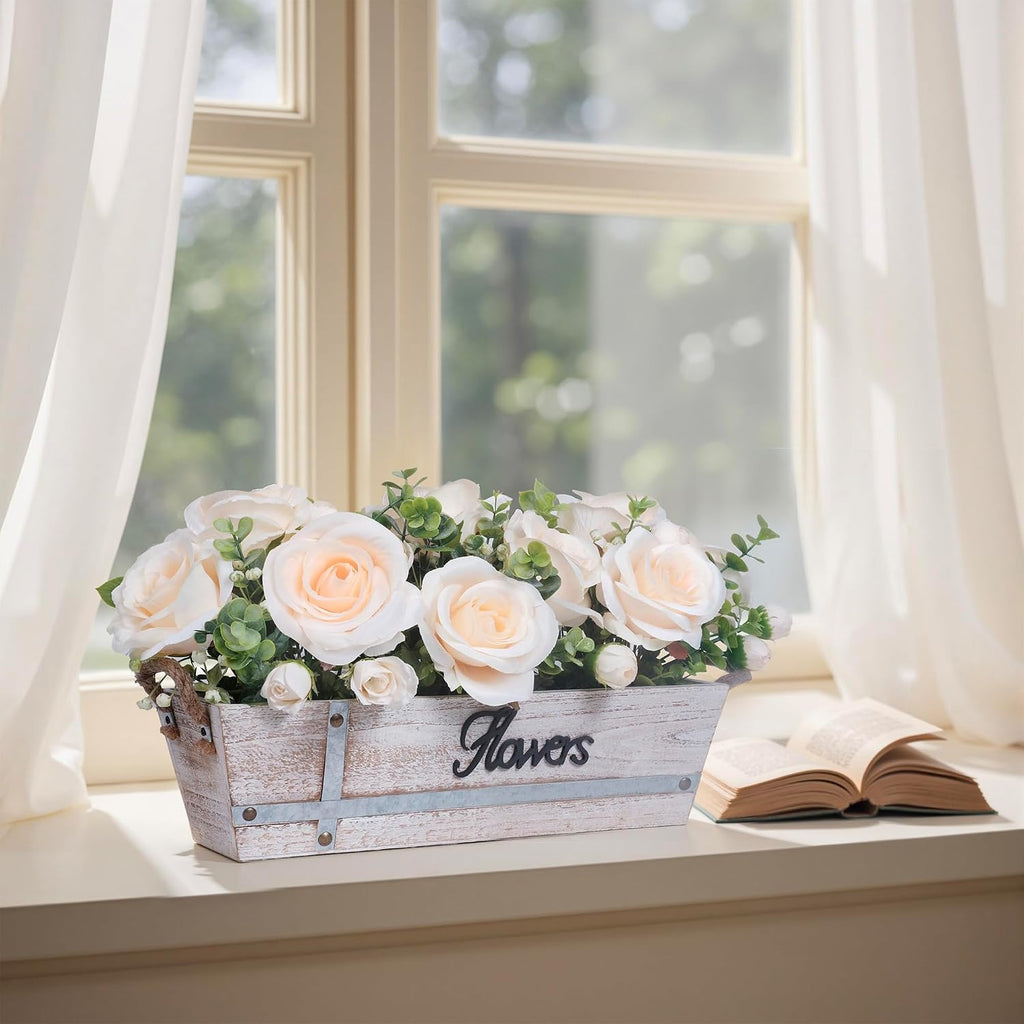 Centerpiece Table Decorations Rustic Wood Tray with 3 Artificial Champagne Rose Flowers and Fake Eucalyptus for Dining Room Farmhouse Living Room Kitchen and Coffee Table Décor