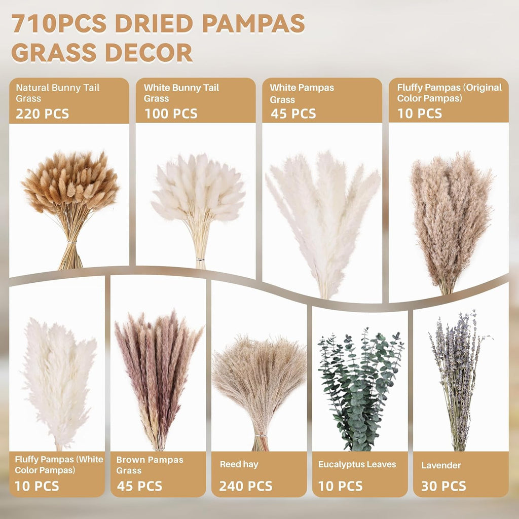710Pcs Natural Dried Pampas Grass Dried Flowers 17'' Boho Pampas Bouquet