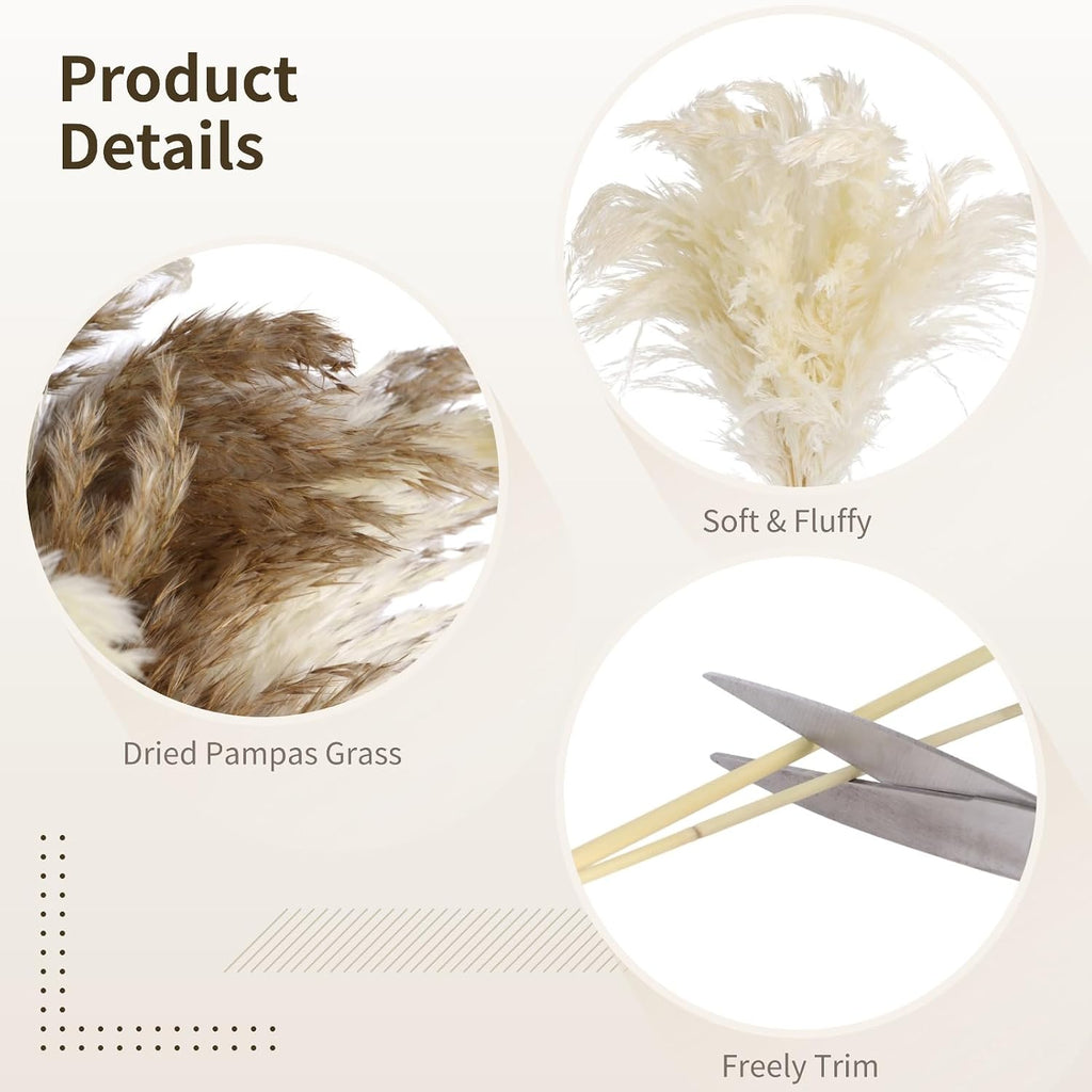 60 PCS Natural Dried Pampas Grass, Fluffy Pompas Grass Stems Mixed Tones, 18 in Bohemian Decor Arrangement for Living Room Accents, Coffee Table Display, Bedroom Vase Decoration