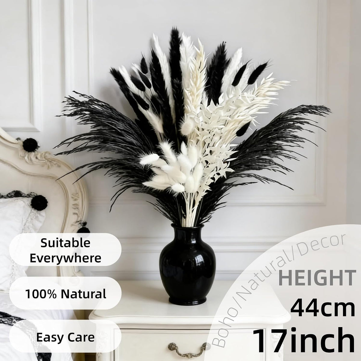 Black and White Pampa Grass Dried Flowers 50Pcs