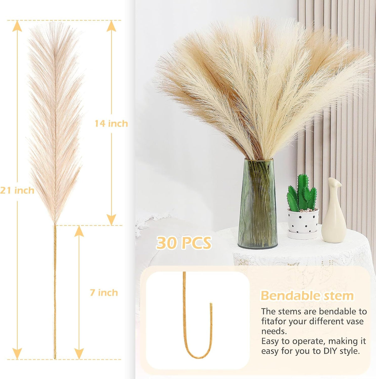 Pampas Grass Decor 30 Pcs 21.7 Inch Faux Brown Pampas Grass Bulk Artificial Dried Flowers Small Vase Filler Pompas Grass.