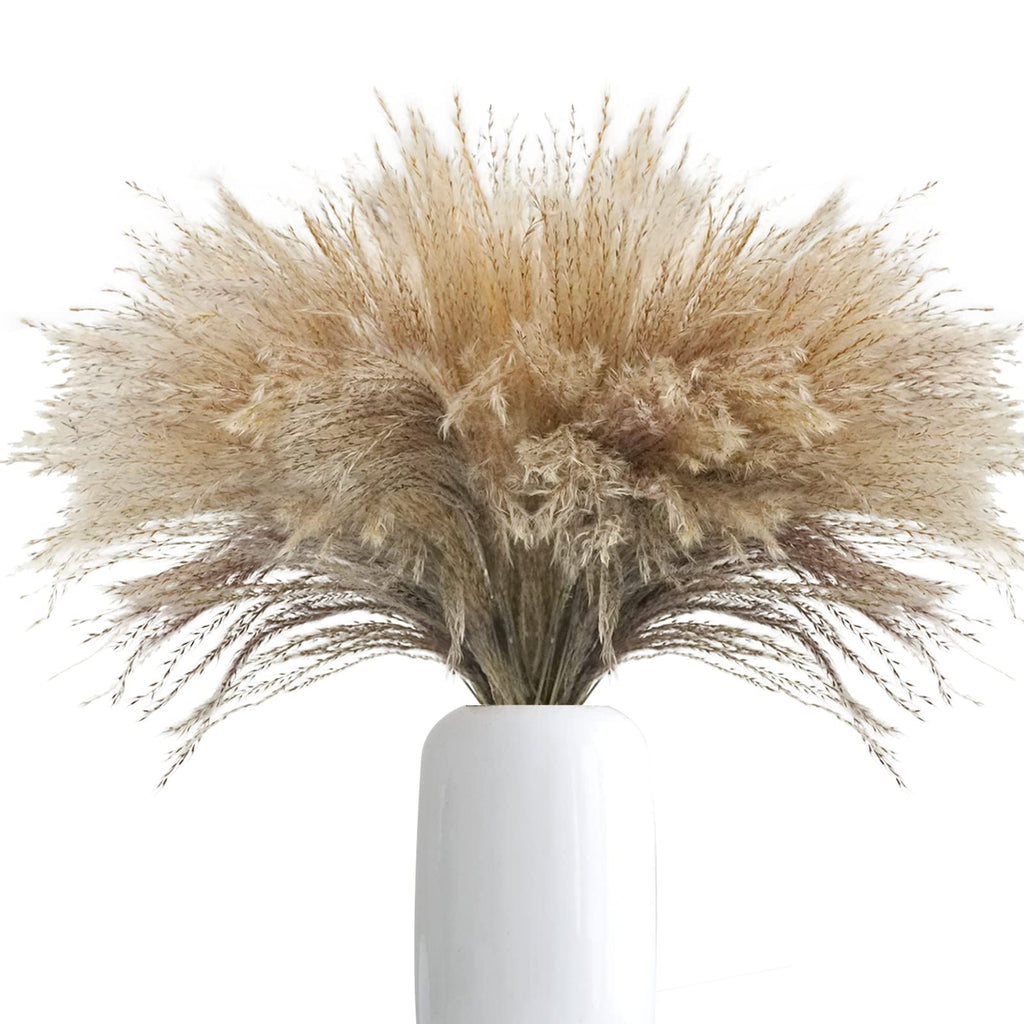 Uieke 100Pcs Natural Dried Pampas Grass Plume 17inch Tall Dried Flowers Large Faux Reed Artificial Plants for Wedding Flower Arrangements Farmhouse Wreath Door Centerpiece Home Décor Brown
